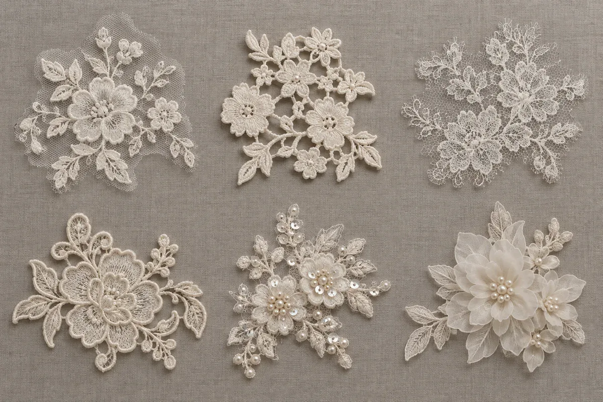 Six common ivory lace applique styles including embroidered tulle, guipure, Chantilly, corded, beaded and three-dimensional floral motifs
