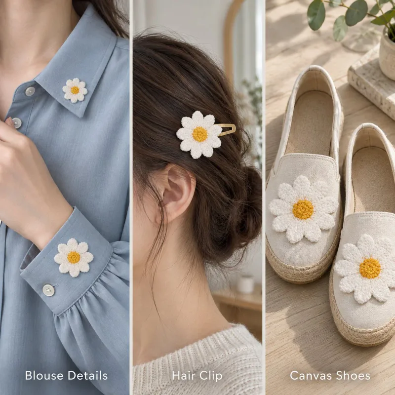 Montage présentant des appliqués de marguerites sur un chemisier, une barrette et des chaussures en toile.