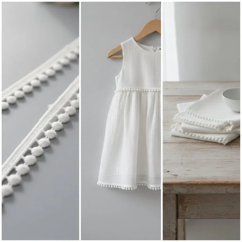 Styling collage showing white pompom edging in close-up, on a dress and on folded textiles.