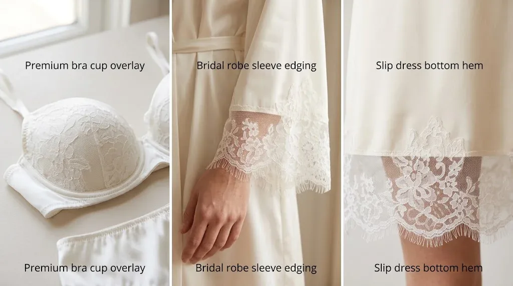 Styling collage showing white lace on a bra cup, a robe sleeve and a slip-dress hem.