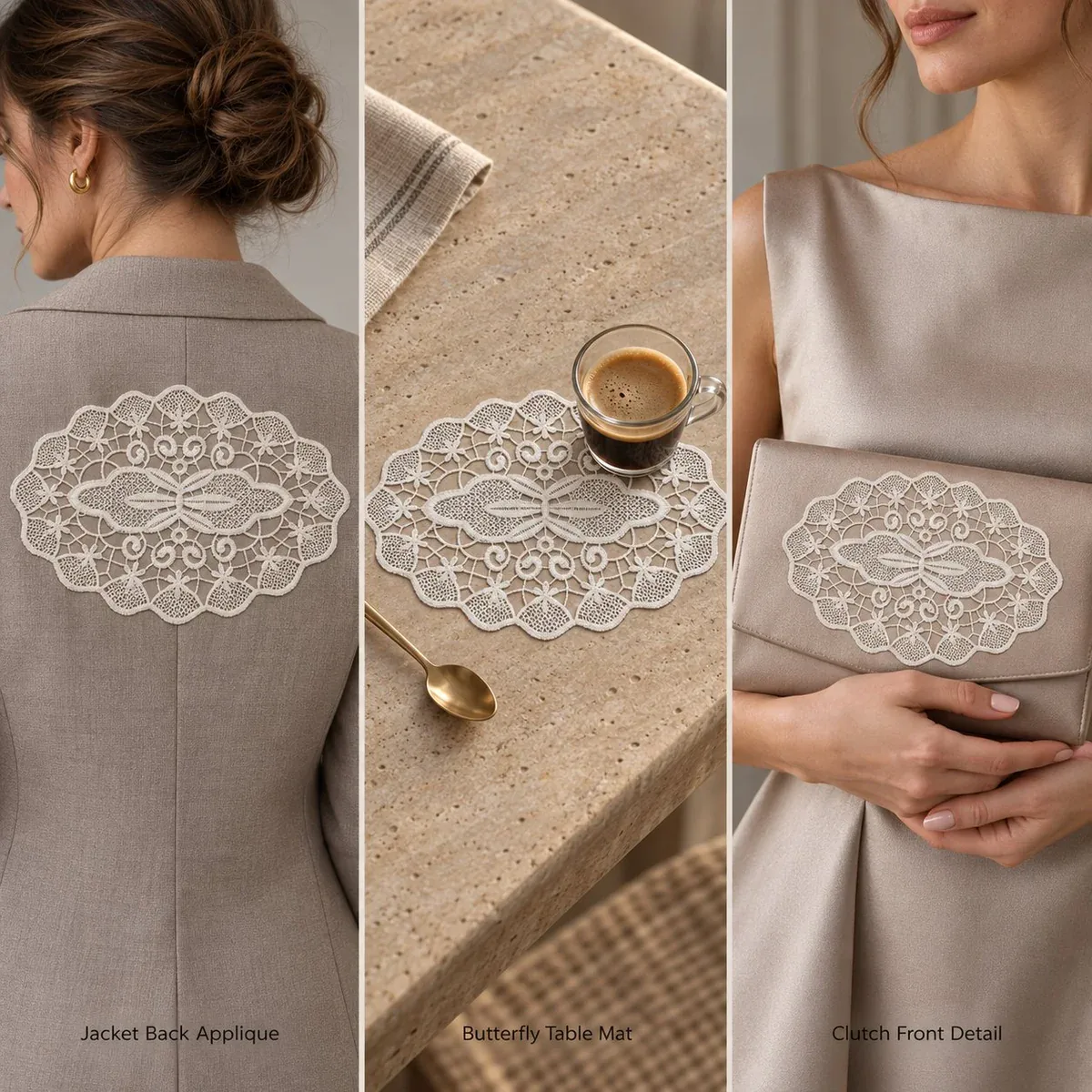 Spitzenapplikation / Deckchen mit symmetrischem Blumen- und Schmetterlingsmotiv für Wohnaccessoires Spitzenapplikation / Deckchen mit symmetrischem Blumen- und Schmetterlingsmotiv für Wohnaccessoires