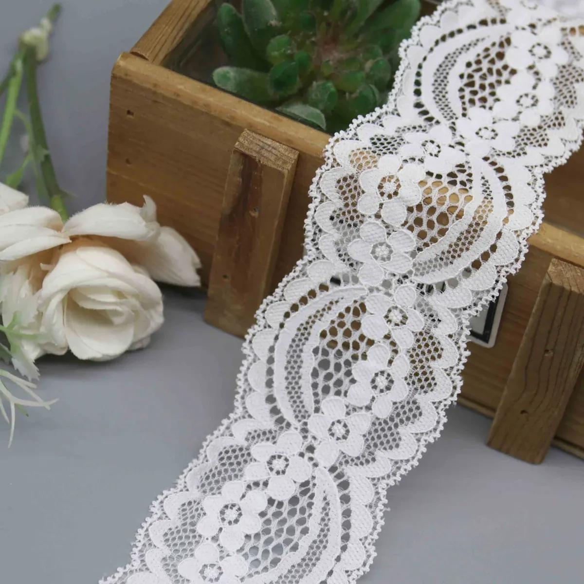 Wide Vintage Stretch Lace Trim for Lingerie Bands and Apparel Overlays, main product view