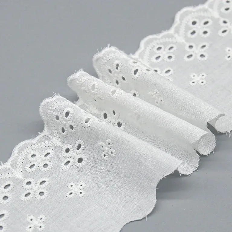Galon de broderie anglaise blanc disposé en plis superposés sur une surface grise. Galon de broderie anglaise blanc disposé en plis superposés sur une surface grise.