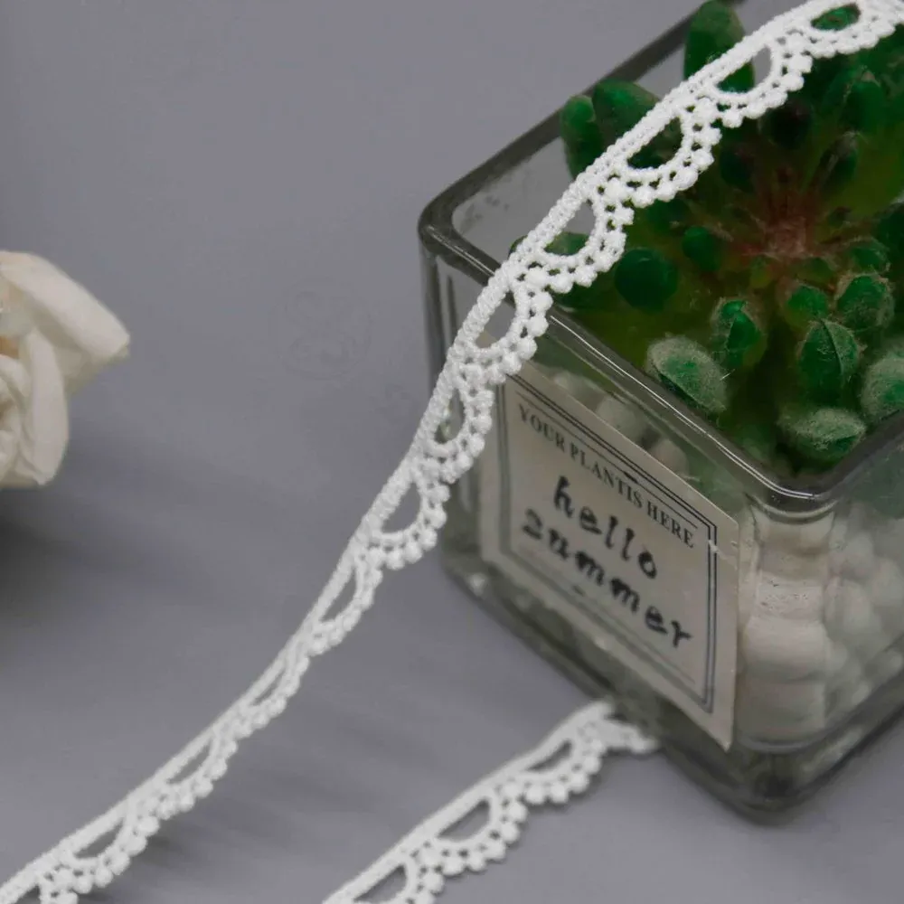 Gros plan sur un galon de dentelle blanche à festons en éventail près d’une jardinière en verre.
