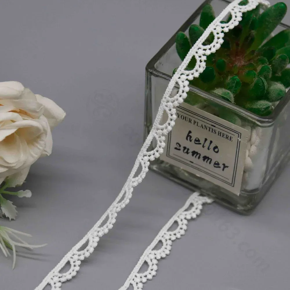 Galon étroit de dentelle blanche à festons en éventail drapé sur une jardinière en verre.