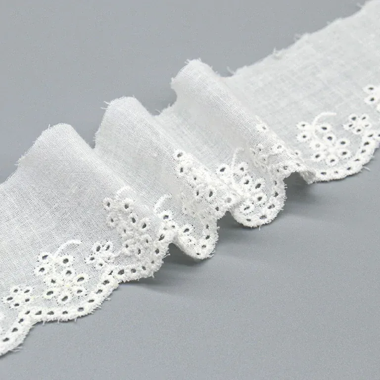 Galon de broderie anglaise blanc disposé en plis superposés sur une surface grise, avec la bordure festonnée orientée vers l’avant.