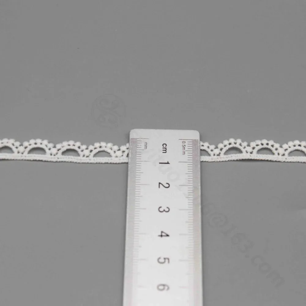 Une règle posée en travers d’un galon étroit de dentelle blanche à festons en éventail. Une règle posée en travers d’un galon étroit de dentelle blanche à festons en éventail.