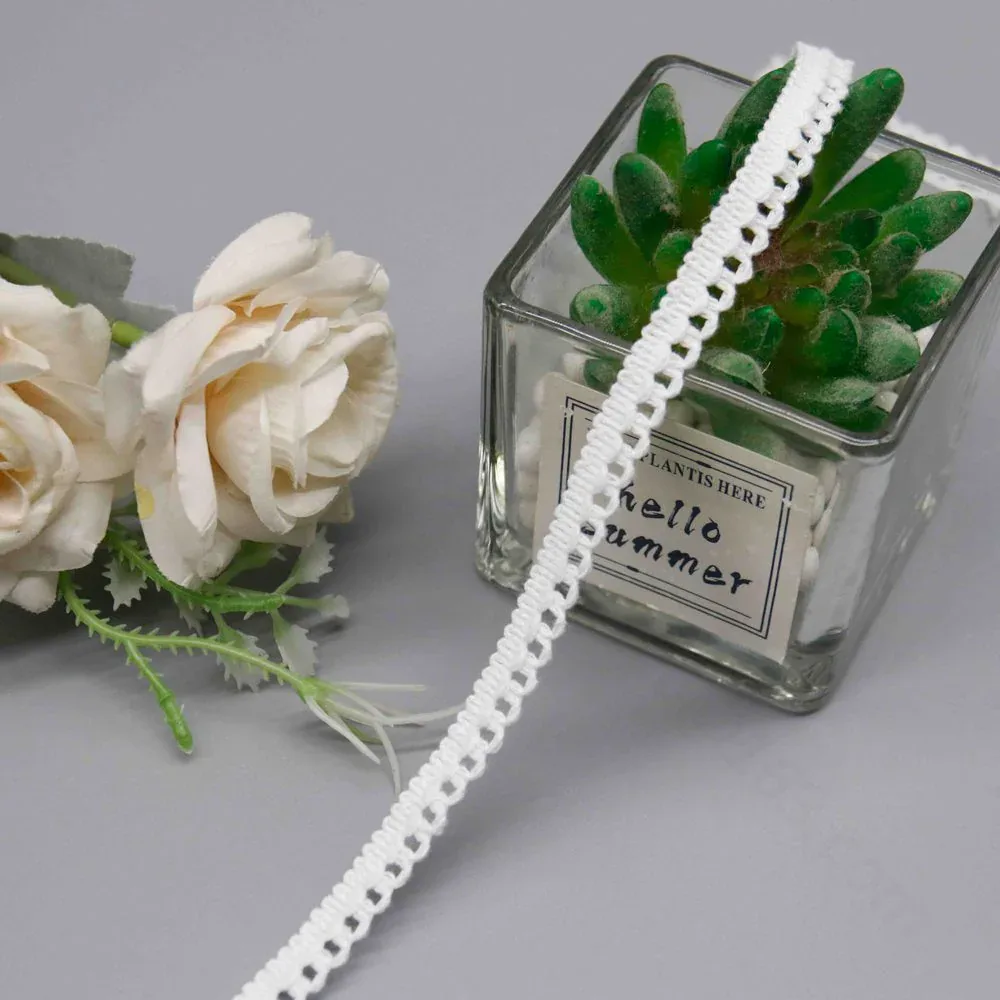 Tira de encaje blanco con bucles de picot extendida con caída natural junto a flores de tonos claros y una planta suculenta en maceta.