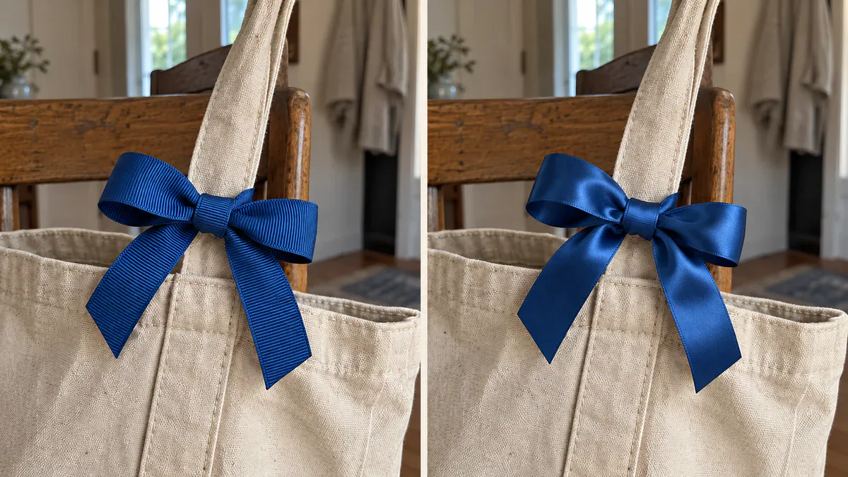 Cinta azul en un bolso de lona: grosgrén acanalado a la izquierda y raso liso a la derecha Cinta azul en un bolso de lona: grosgrén acanalado a la izquierda y raso liso a la derecha