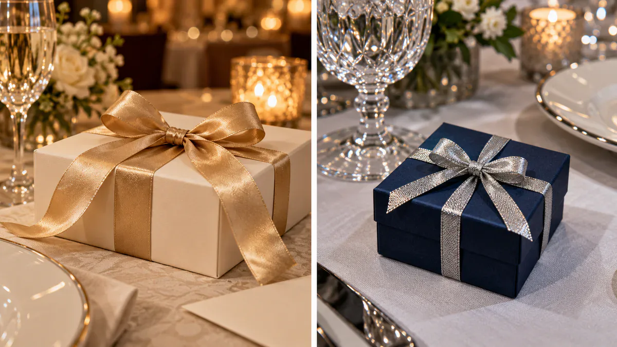 Raso dorado champán en una caja marfil de regalo de aniversario y cinta tejida plateada en una caja de joyería azul noche Raso dorado champán en una caja marfil de regalo de aniversario y cinta tejida plateada en una caja de joyería azul noche