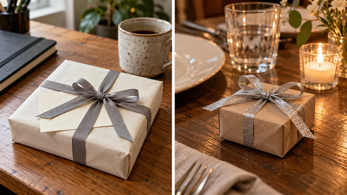 Grosgrén gris mate en un regalo para una compañera y cinta tejida plateada en un detalle para los invitados a una cena Grosgrén gris mate en un regalo para una compañera y cinta tejida plateada en un detalle para los invitados a una cena