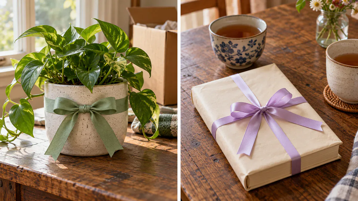 Cinta verde salvia alrededor de una maceta y cinta lila alrededor de un libro junto a dos tazas de té Cinta verde salvia alrededor de una maceta y cinta lila alrededor de un libro junto a dos tazas de té
