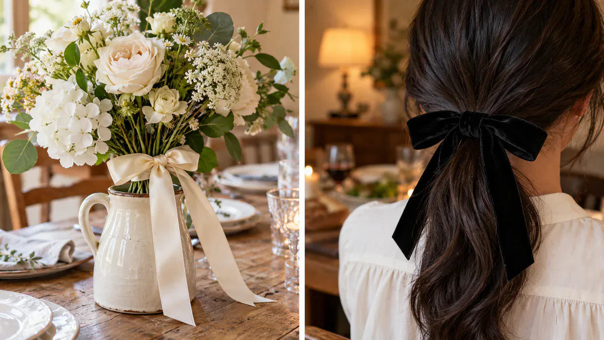 Raso marfil alrededor de unas flores de boda en una jarra y un lazo de terciopelo negro en un peinado para cenar Raso marfil alrededor de unas flores de boda en una jarra y un lazo de terciopelo negro en un peinado para cenar