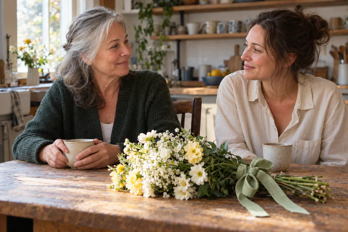 Dos generaciones comparten un té junto a un pequeño ramo atado con cinta verde salvia Dos generaciones comparten un té junto a un pequeño ramo atado con cinta verde salvia