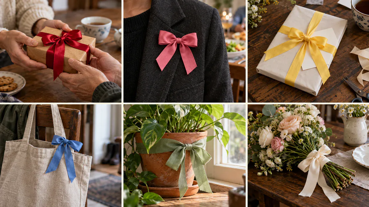 Montage montrant un ruban rouge sur un cadeau, un nœud rose sur une veste, un livre offert avec un ruban jaune, un nœud bleu sur un sac en toile, un ruban vert autour d’une plante et un bouquet de mariage ivoire Montage montrant un ruban rouge sur un cadeau, un nœud rose sur une veste, un livre offert avec un ruban jaune, un nœud bleu sur un sac en toile, un ruban vert autour d’une plante et un bouquet de mariage ivoire