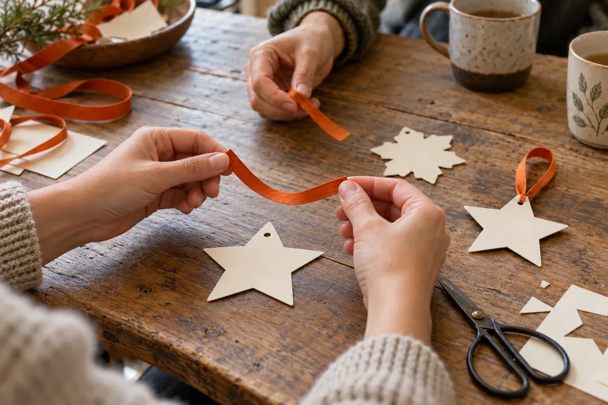 Unas manos miden una tira de cinta naranja sobre una estrella de papel sin terminar, junto a un adorno colgante ya acabado Unas manos miden una tira de cinta naranja sobre una estrella de papel sin terminar, junto a un adorno colgante ya acabado