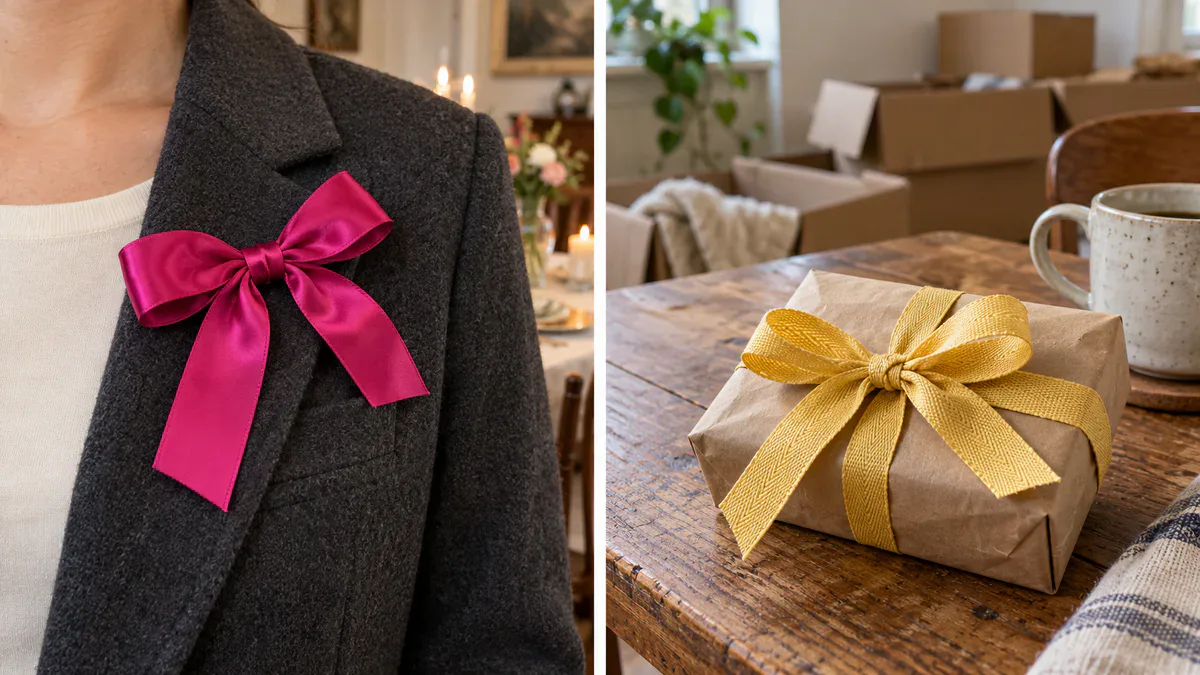 Raso fucsia en la solapa de una chaqueta y cinta amarilla en un pequeño regalo para una casa nueva Raso fucsia en la solapa de una chaqueta y cinta amarilla en un pequeño regalo para una casa nueva