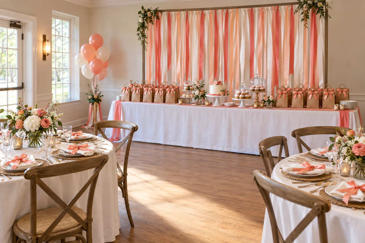 Sala de cumpleaños con tiras de cinta tras una mesa de dulces, filas de bolsas de detalles atadas y cintas a juego en las servilletas Sala de cumpleaños con tiras de cinta tras una mesa de dulces, filas de bolsas de detalles atadas y cintas a juego en las servilletas