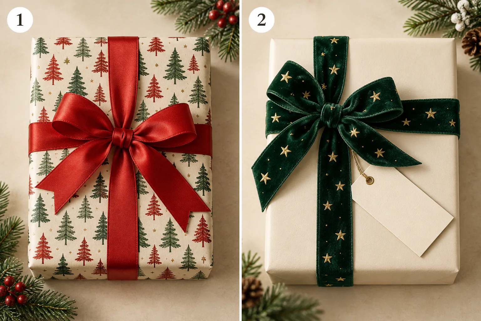 Dos ejemplos de envoltorio: papel estampado con satén rojo liso y caja crema con terciopelo verde estampado con estrellas Dos ejemplos de envoltorio: papel estampado con satén rojo liso y caja crema con terciopelo verde estampado con estrellas