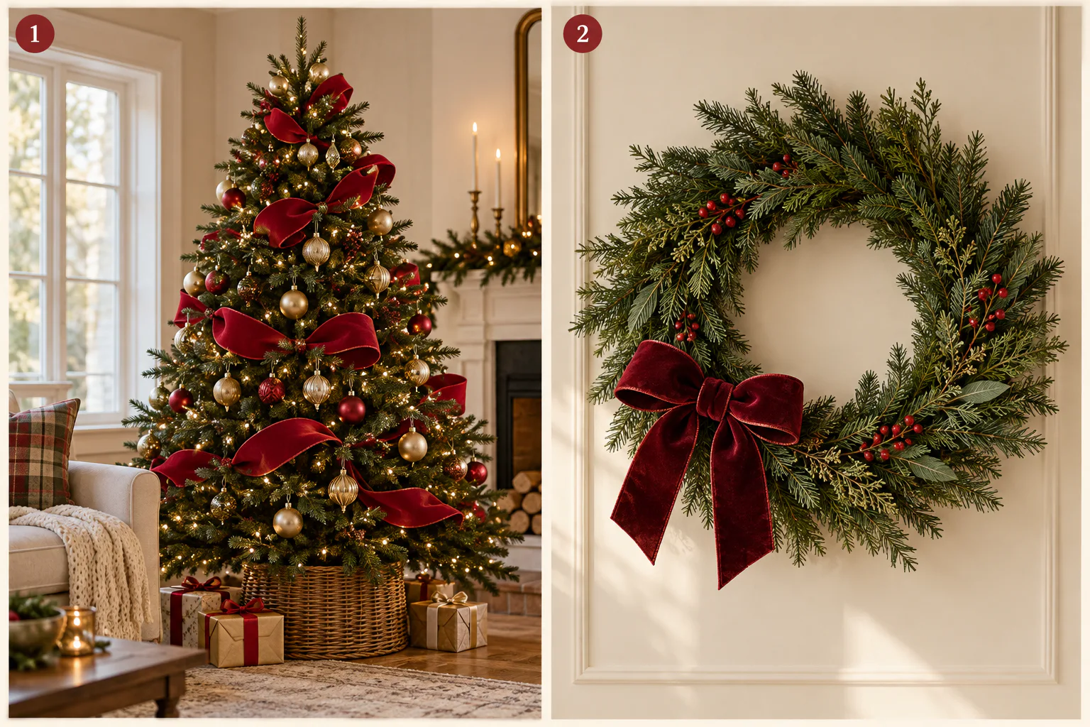 Ejemplos navideños: lazadas de cinta roja lisa en un árbol verde y lazo burdeos en una corona de hojas perennes Ejemplos navideños: lazadas de cinta roja lisa en un árbol verde y lazo burdeos en una corona de hojas perennes