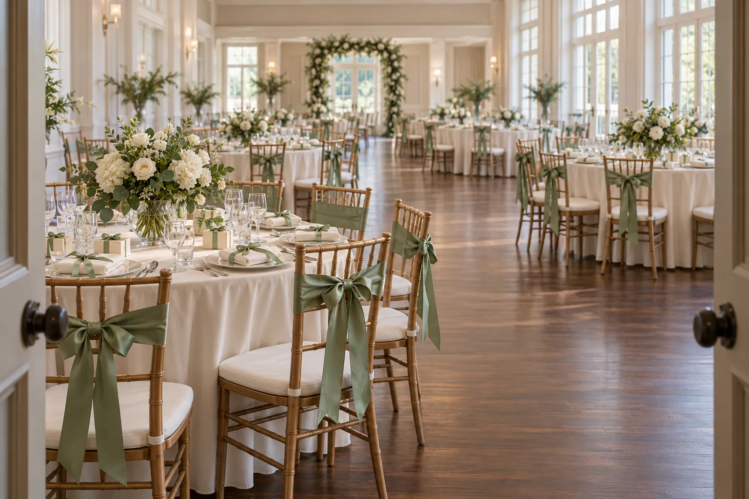 Salón de boda con lazos de satén verde salvia repetidos en respaldos, servilletas y cajas crema de detalles Salón de boda con lazos de satén verde salvia repetidos en respaldos, servilletas y cajas crema de detalles