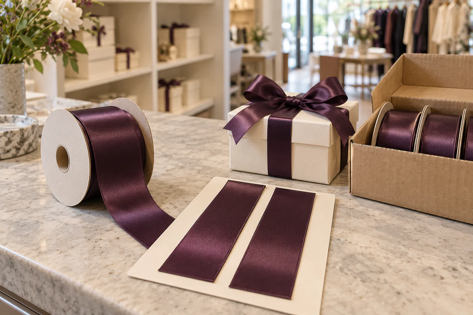 Bandes de satin aubergine à côté d’un rouleau et d’une boîte cadeau ivoire terminée Bandes de satin aubergine à côté d’un rouleau et d’une boîte cadeau ivoire terminée