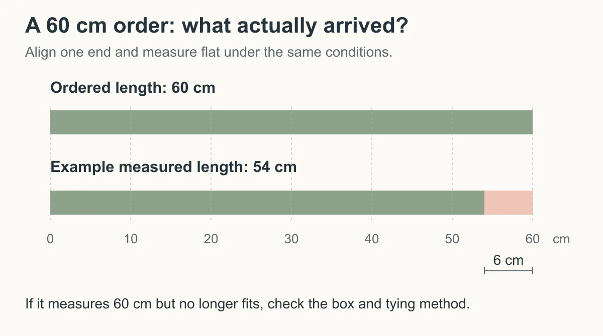 Longitudes precortadas comparadas desde un mismo punto inicial: 60 cm pedidos, 54 cm medidos y una falta de 6 cm Longitudes precortadas comparadas desde un mismo punto inicial: 60 cm pedidos, 54 cm medidos y una falta de 6 cm