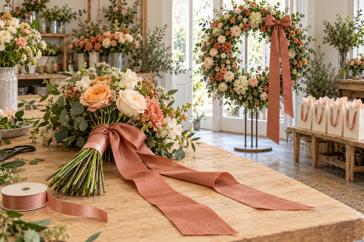 Decoración floral que muestra el envoltorio práctico del mango, extremos de cinta fluidos y un lazo de exposición más grande