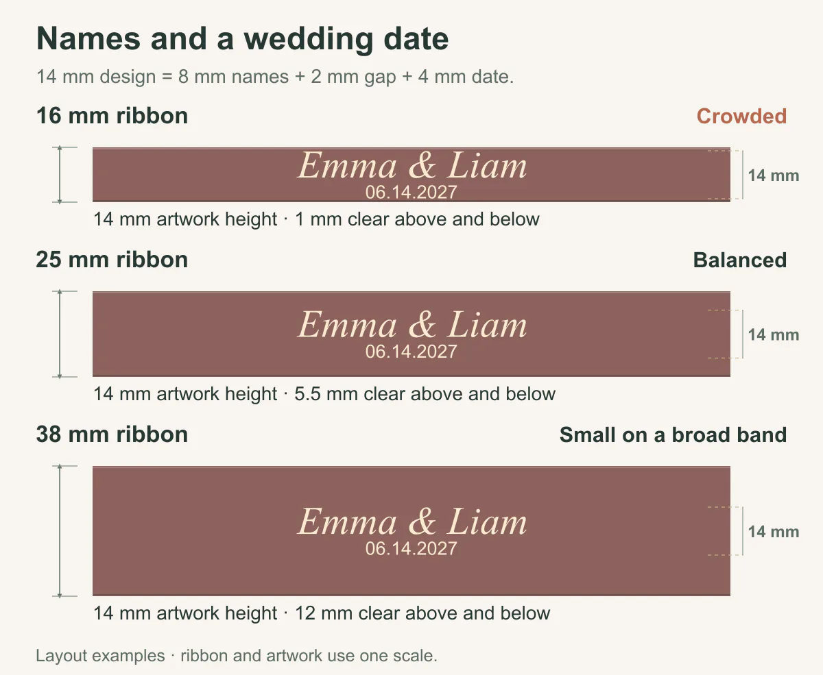 Un conjunto de nombres y fecha de 14 mm sobre cintas de boda de 16, 25 y 38 mm