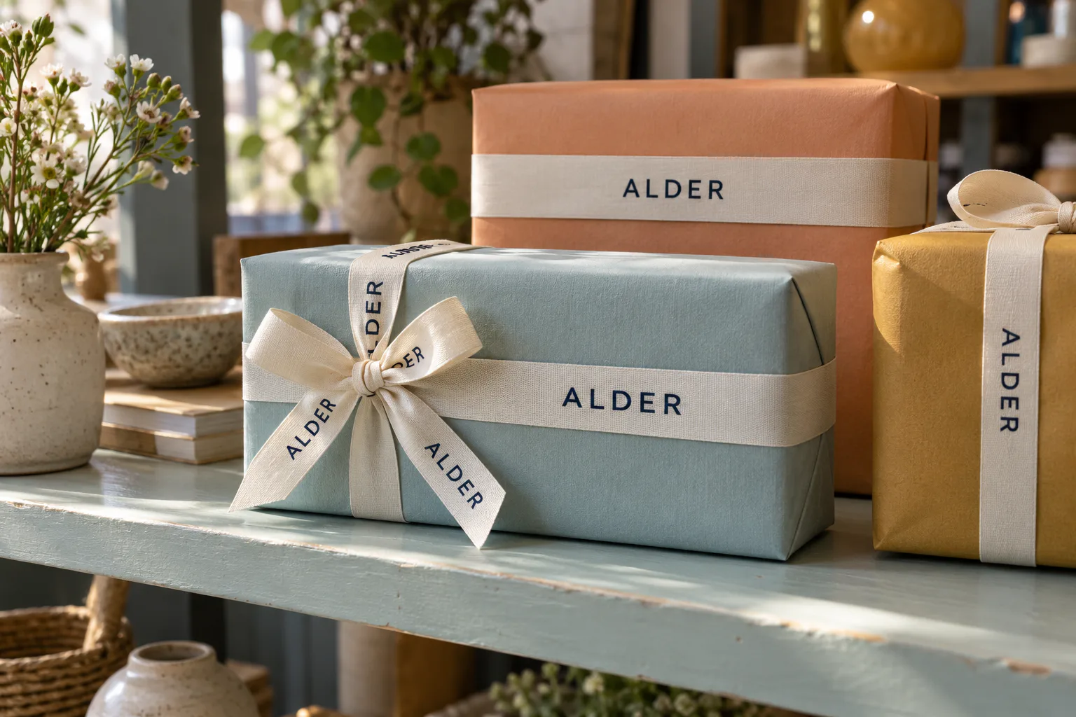 Ruban ALDER ivoire sur des boîtes cadeaux bleues, abricot et ocre, avec un logo typographique complet visible à côté d'un nœud Ruban ALDER ivoire sur des boîtes cadeaux bleues, abricot et ocre, avec un logo typographique complet visible à côté d'un nœud