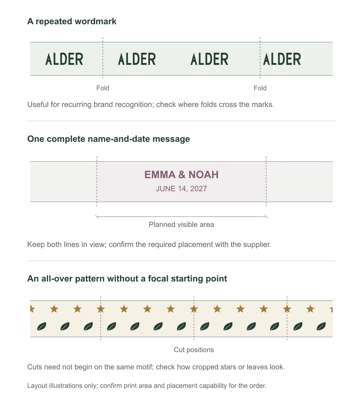 Tres composiciones de cinta: logotipos ALDER repetidos, un nombre y una fecha completos dentro de una zona visible y un estampado continuo de estrellas y hojas atravesado por líneas de corte. Tres composiciones de cinta: logotipos ALDER repetidos, un nombre y una fecha completos dentro de una zona visible y un estampado continuo de estrellas y hojas atravesado por líneas de corte.