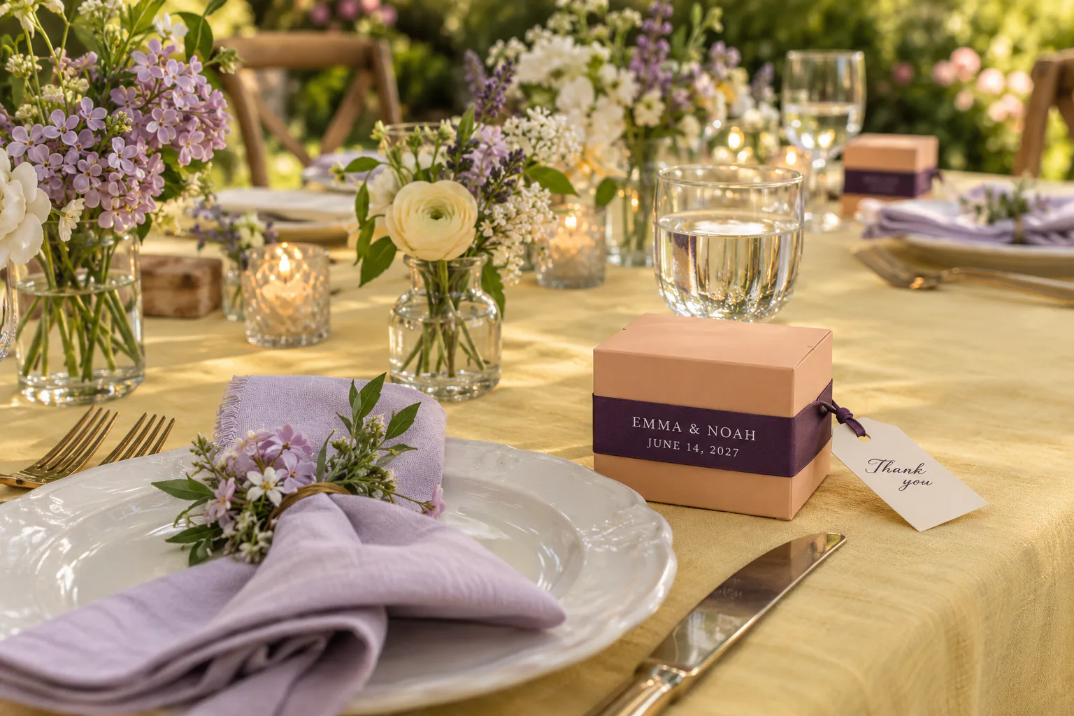 Cinta color ciruela sobre una caja de boda albaricoque con EMMA & NOAH y JUNE 14, 2027 impresos, y Thank you en una etiqueta independiente Cinta color ciruela sobre una caja de boda albaricoque con EMMA & NOAH y JUNE 14, 2027 impresos, y Thank you en una etiqueta independiente