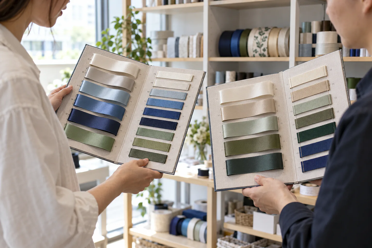 Deux personnes comparent des classeurs d’échantillons de ruban dans un showroom lumineux Deux personnes comparent des classeurs d’échantillons de ruban dans un showroom lumineux