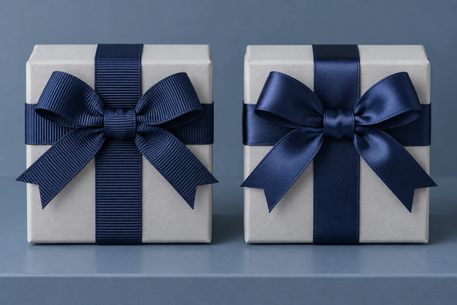 Grosgrén azul marino a la izquierda y satén liso azul marino a la derecha, alrededor de cajas de regalo grises Grosgrén azul marino a la izquierda y satén liso azul marino a la derecha, alrededor de cajas de regalo grises