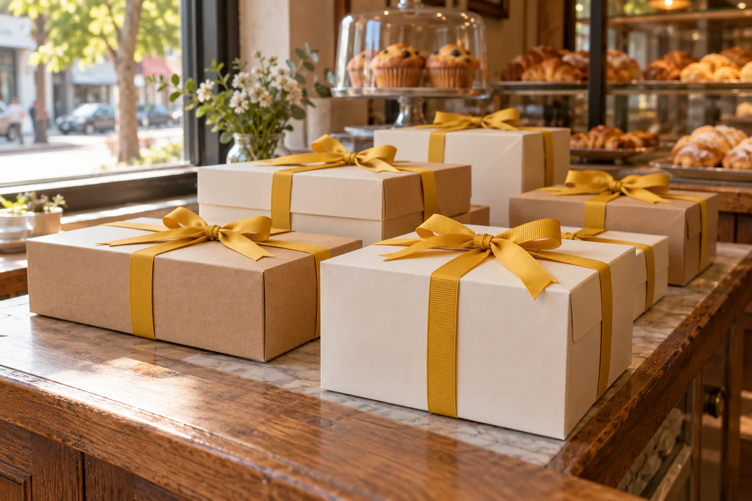 Lazos de grosgrén mostaza sobre cajas de regalo crema y kraft en una panadería de barrio Lazos de grosgrén mostaza sobre cajas de regalo crema y kraft en una panadería de barrio