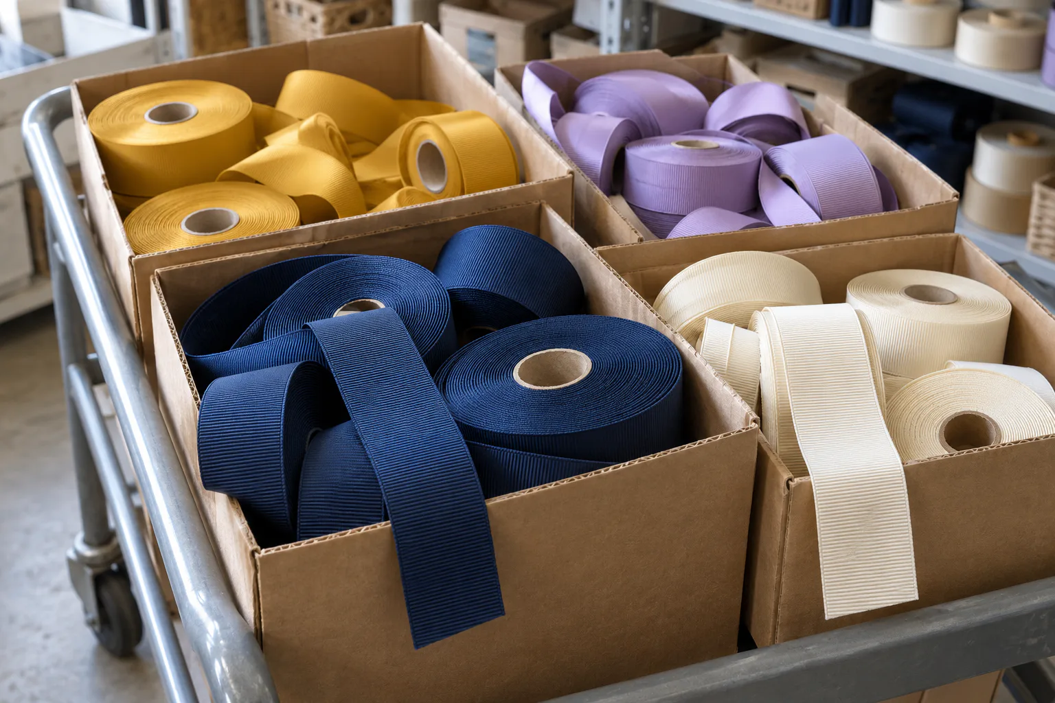 Rouleaux de gros-grain bleu marine, moutarde, lilas et ivoire regroupés en quantités différentes pour une commande en gros Rouleaux de gros-grain bleu marine, moutarde, lilas et ivoire regroupés en quantités différentes pour une commande en gros