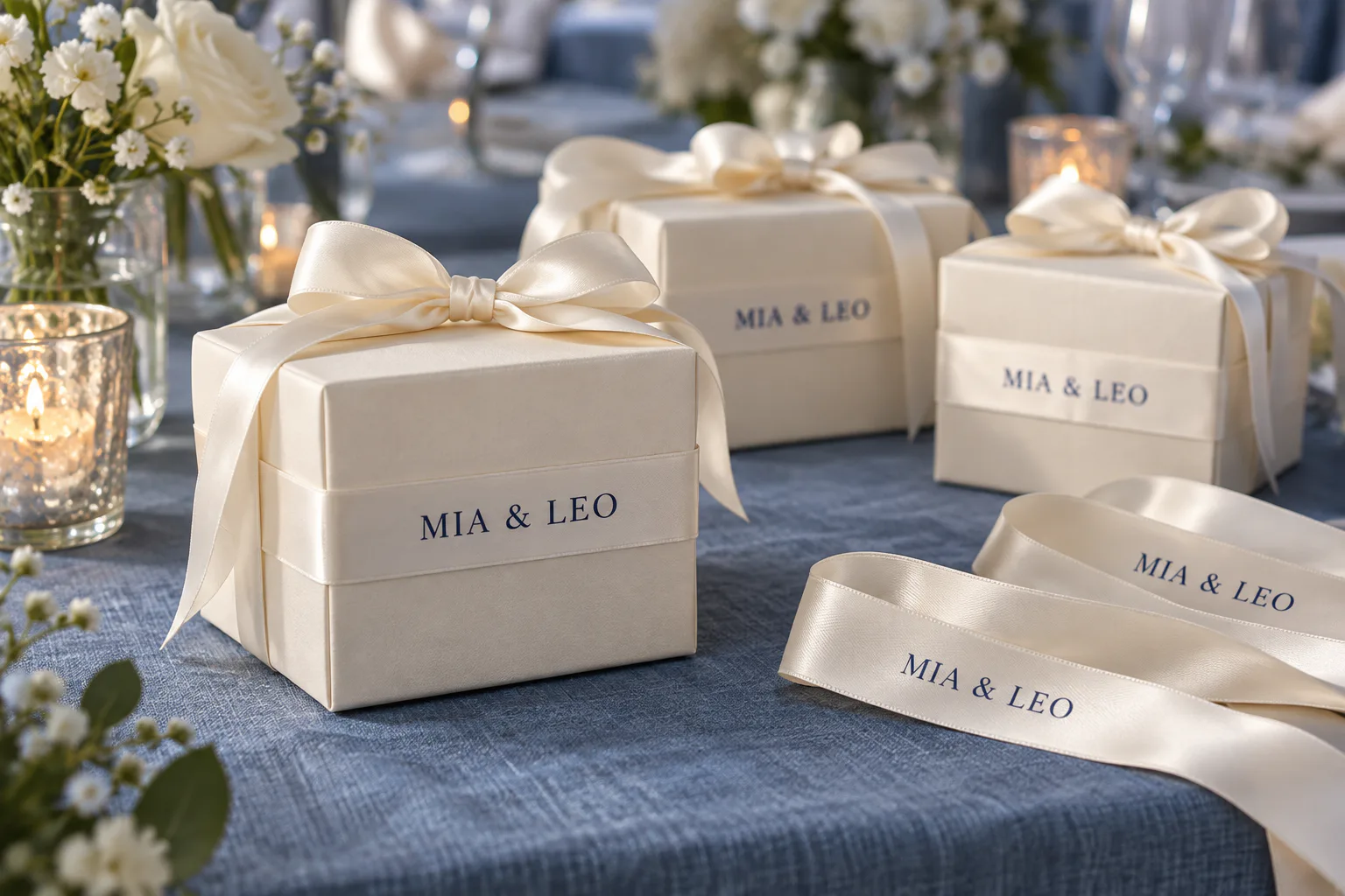 Cinta de satén marfil impresa con los nombres ficticios MIA y LEO sobre detalles de boda en un banquete de tonos azules Cinta de satén marfil impresa con los nombres ficticios MIA y LEO sobre detalles de boda en un banquete de tonos azules