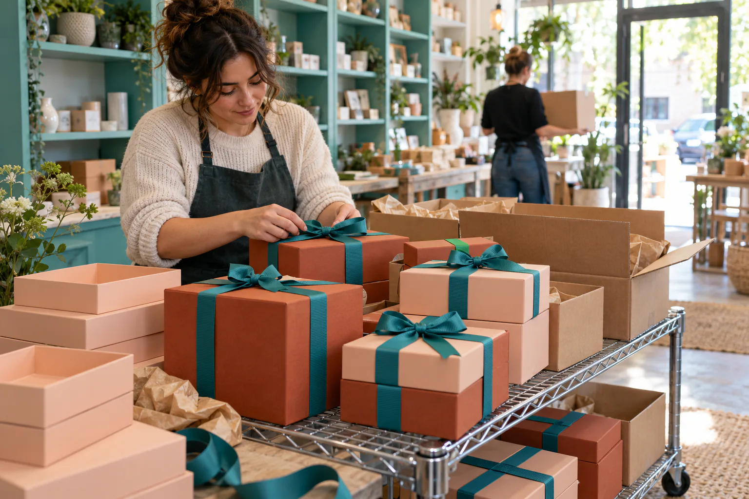 Ruban gros-grain et emballages cadeaux coordonnés préparés pour des livraisons dans plusieurs magasins Ruban gros-grain et emballages cadeaux coordonnés préparés pour des livraisons dans plusieurs magasins