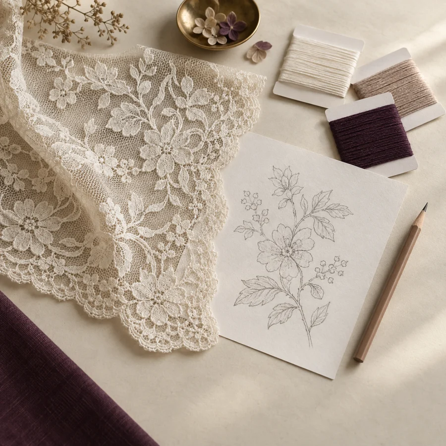 Lace development reference, sketch and sample on a worktable