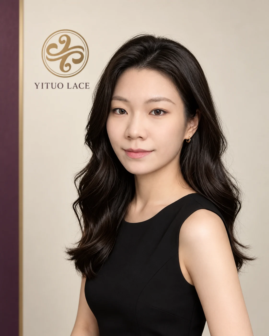 Gina Portrait of Gina in a black sleeveless dress against a digitally composed ivory backdrop with the YiTuo Lace logo.