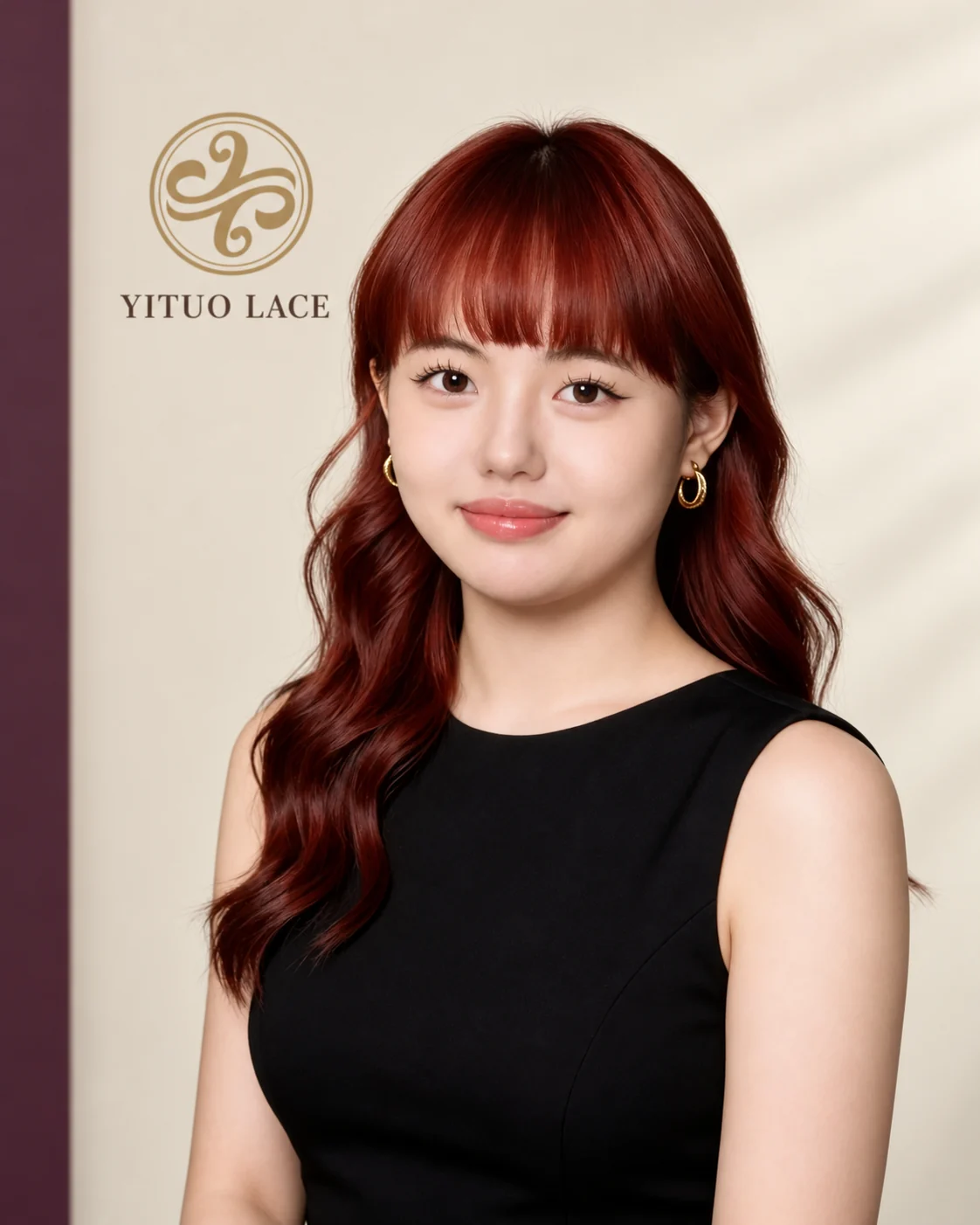 Sunny Portrait of Sunny in a black sleeveless dress against a digitally composed ivory backdrop with the YiTuo Lace logo.