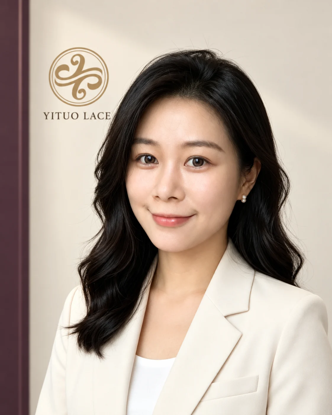 Winnie Portrait of Winnie in an ivory blazer against a digitally composed ivory backdrop with the YiTuo Lace logo.