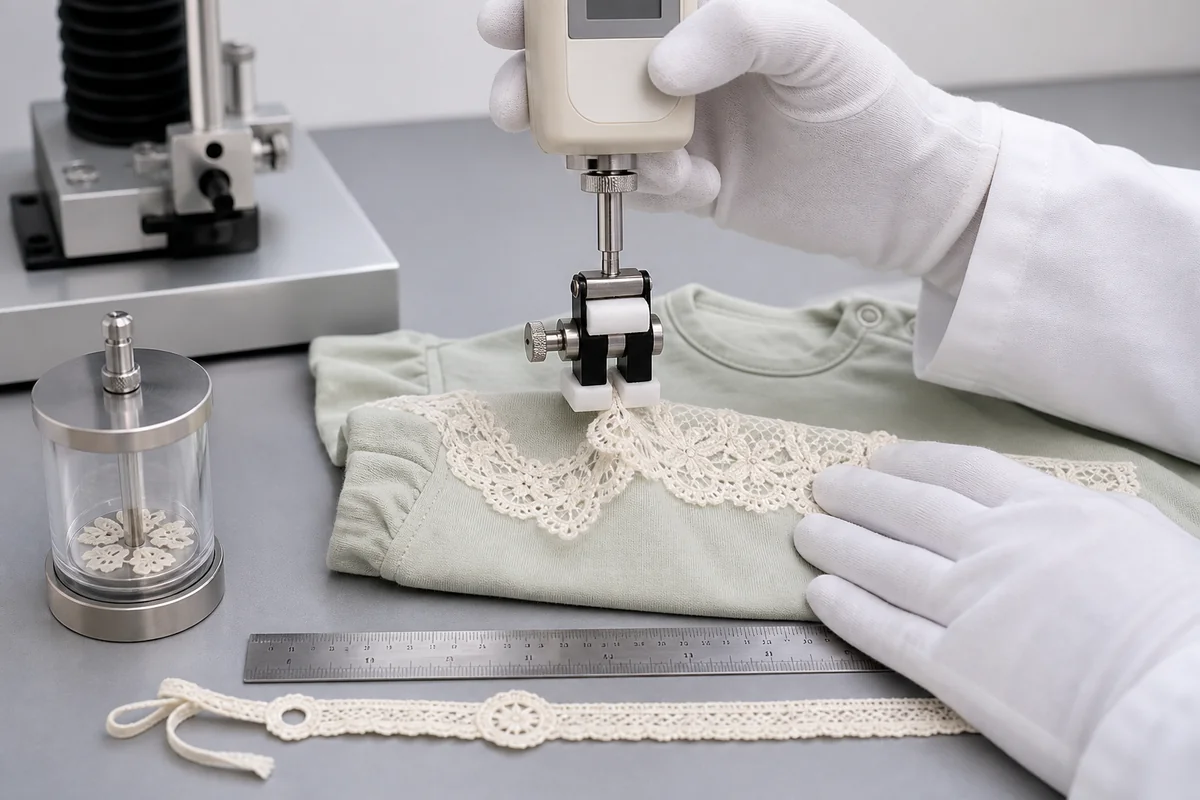 Pull-off strength and cord-length testing for lace trim on childrenswear
