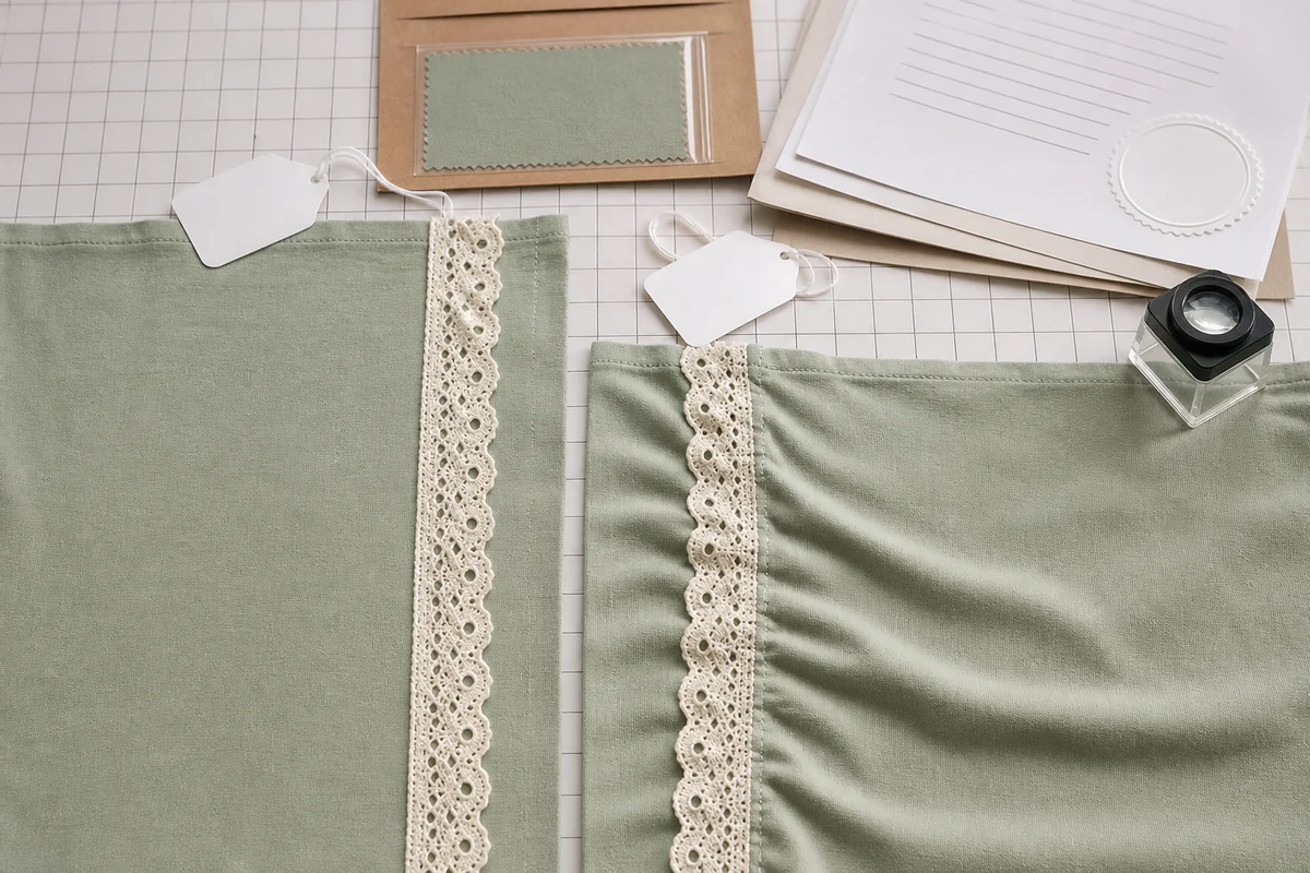Side-by-side wash test showing lace trim shrinkage and fabric puckering