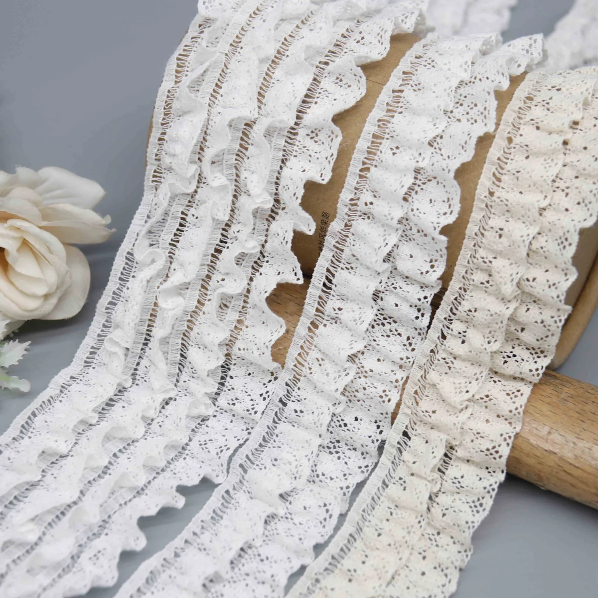 A Fine Mesh Or Pointelle Lace Gathered Stitched Ruffled Lace Trim for Garment Trim