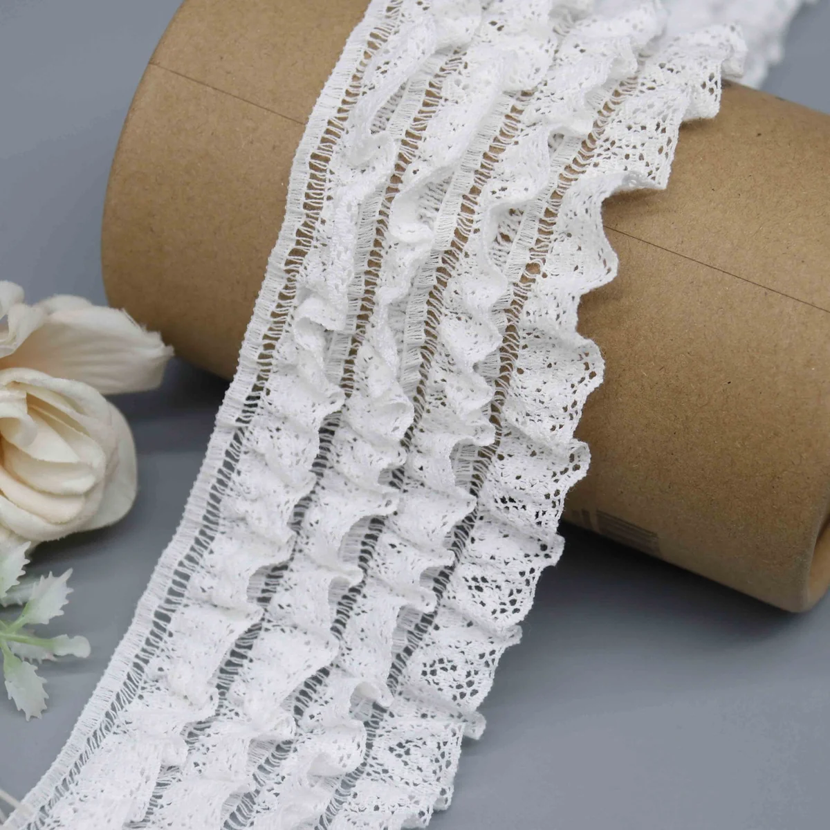 A Fine Mesh Or Pointelle Lace Gathered Stitched Ruffled Lace Trim for Garment Trim
