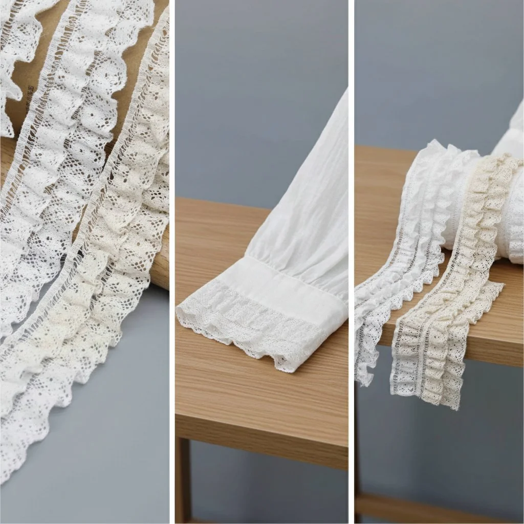 A Fine Mesh Or Pointelle Lace Gathered Stitched Ruffled Lace Trim for Garment Trim