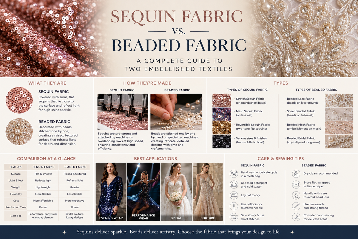 Sequin Fabric vs. Beaded Fabric: A Complete Guide to Two Embellished Textiles
