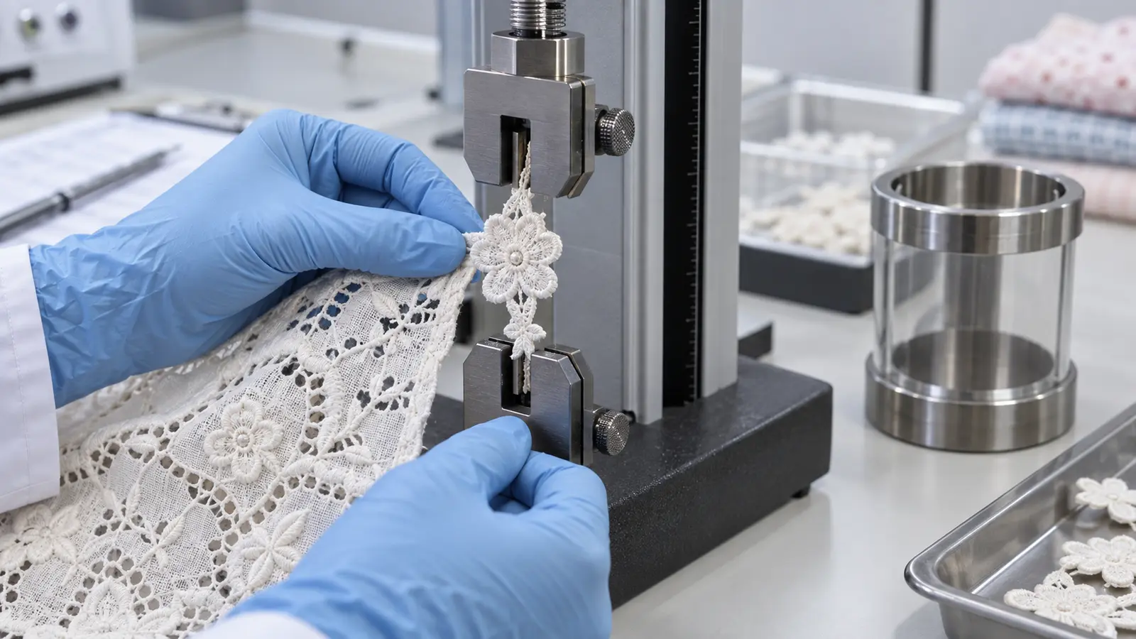 Quality technician performing a pull test on an embroidered lace component for childrenswear