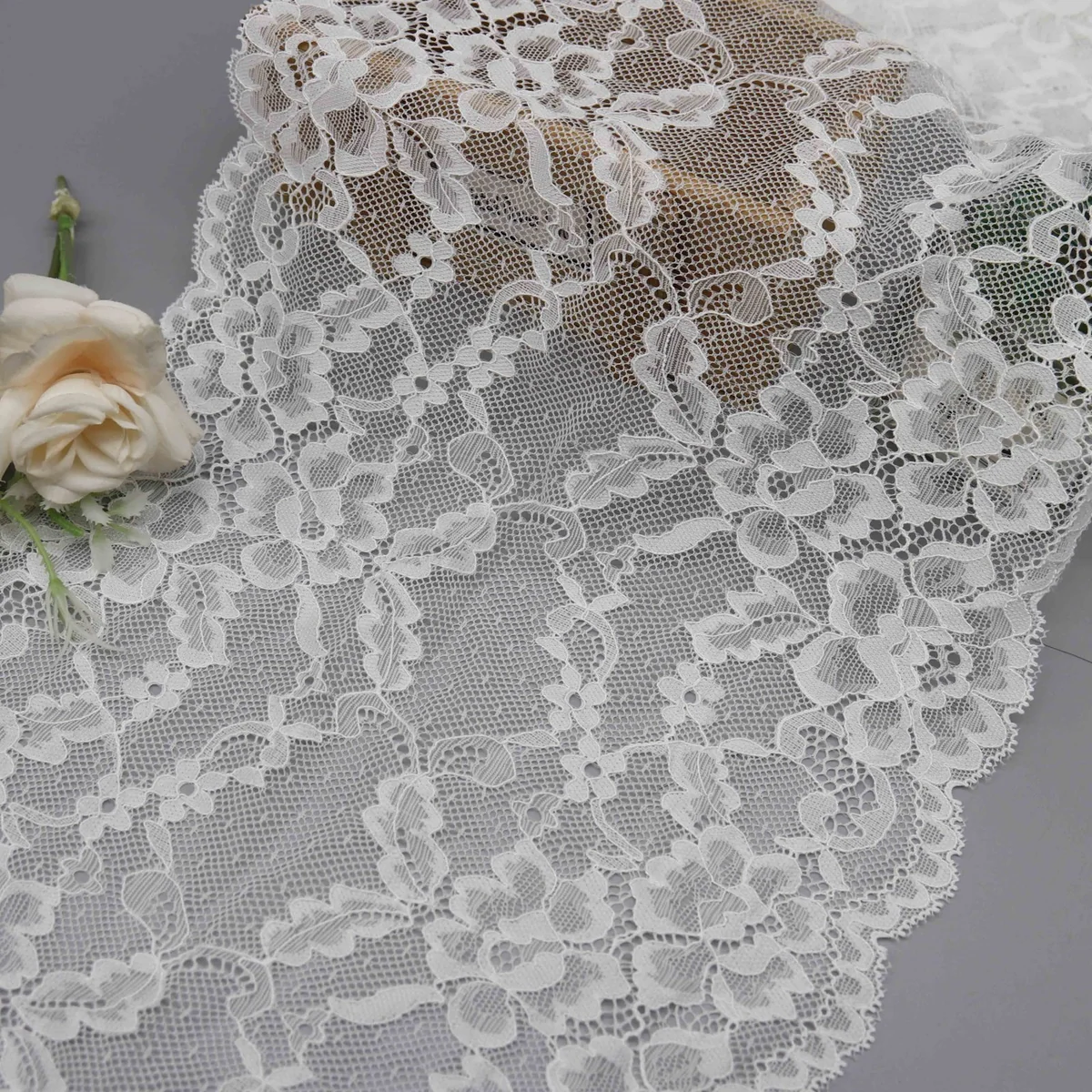 Dense Floral Pattern With Flowers and Leaves On Wide Stretch Galloon Lace for Lingerie